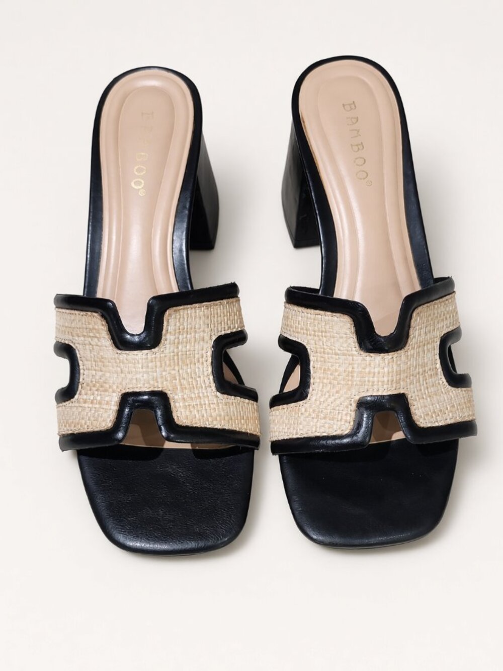 BAMBOO Raffia H Slide Block Heel Sandals 38